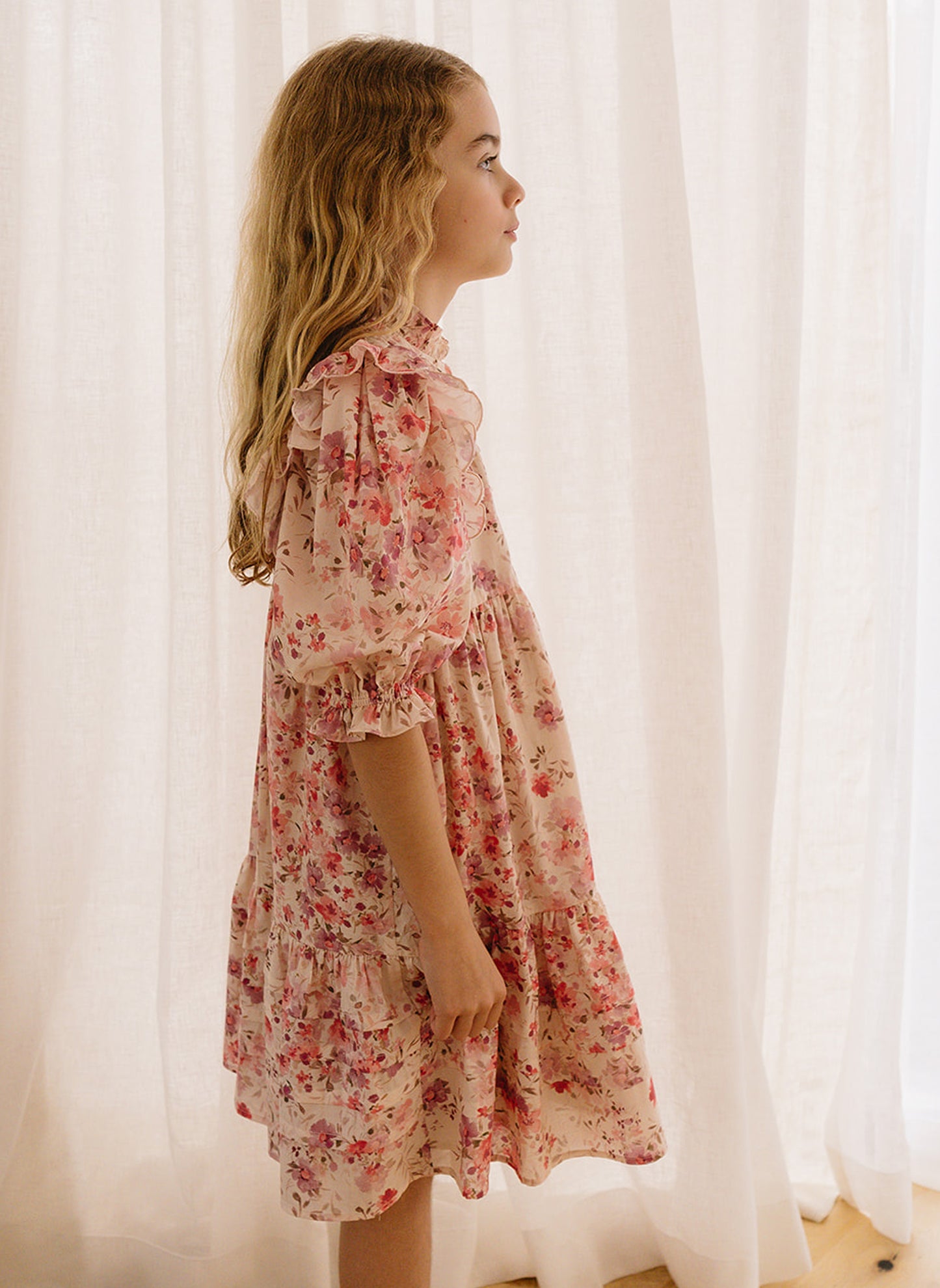 Petite Amalie Elbow Sleeve Scallop Posie Print Voile Dress