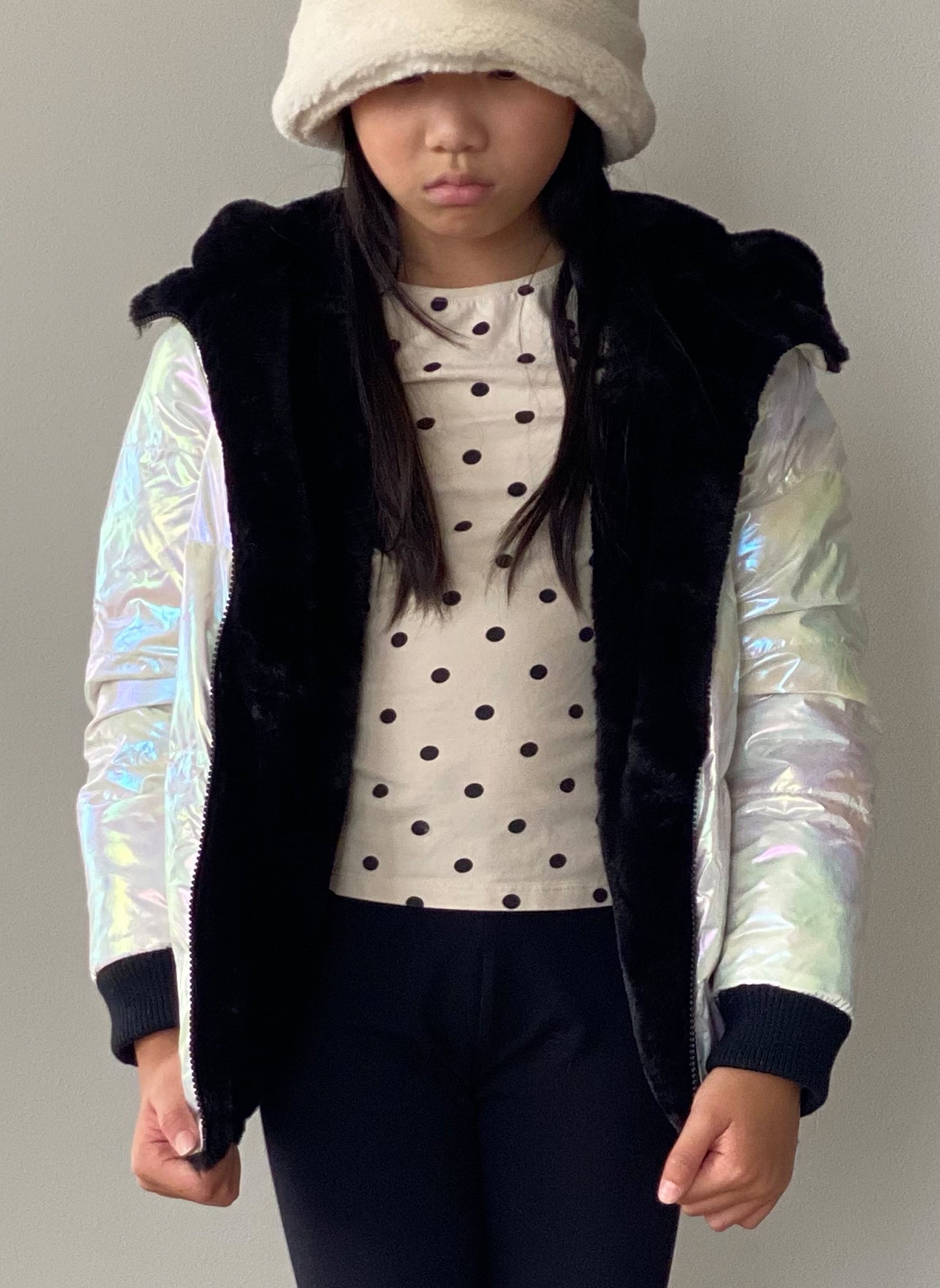 Vierra Rose Jusuf Reversible Jacket in Black Faux Fur/Pearl Iridescent