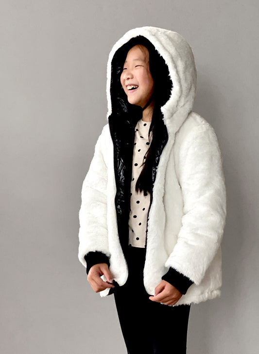 Vierra Rose Jusuf Reversible Jacket in White Fur/ Shiny Black