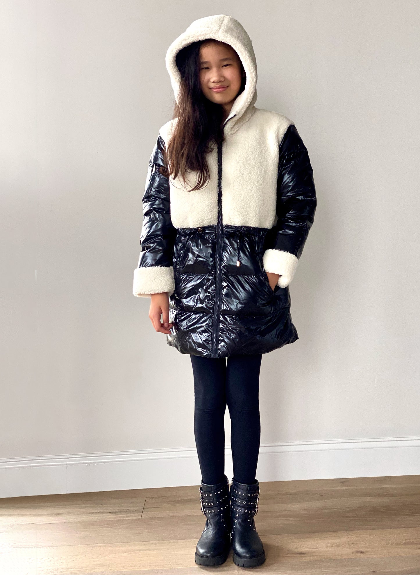 Vierra Rose Toda Faux Shearling Combo Coat in Black/White